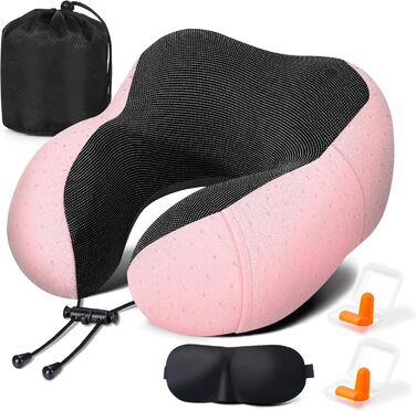 Подушка для шиї у літак - Подорожня подушка з Memory Foam - Подушка-вишенка з м'яким, дихаючим чохлом - Ідеально для кемпінгу, офісу, авто, літака, подушка для сну (Рожева)