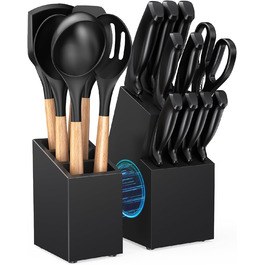 ACOQOOS 14-Piece Knife Block Set with Sharpener - Black Kitchen Knife Set