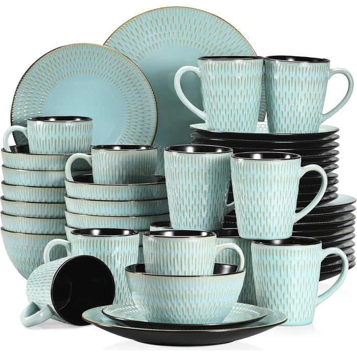 Stoneware Combination Service, vancasso GUTO Tableware Service, 48-piece Dinnerware Set with 12 Dinner Plates, Dessert Plates, Bowls, and Cups for 12 People