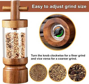 Auciej Pepper Grinder Wooden Salt Grinder Manual Spice Grinder Set with Adjustable Ceramic Grinder, Salt and Pepper Grinder with Coaster for Spices, Pepper, Salt, 2-Piece Set, Height: 18 cm