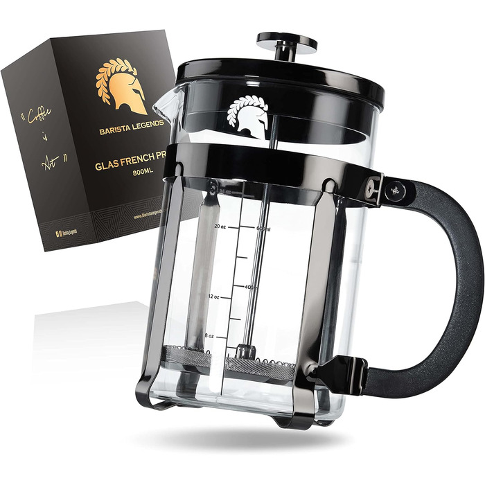 Френч-прес Barista Legends® з нержавіючої сталі та скла, чорний, 600 мл (3 чашки) – ручний для приготування ароматного кави, ідеальний для кемпінгу