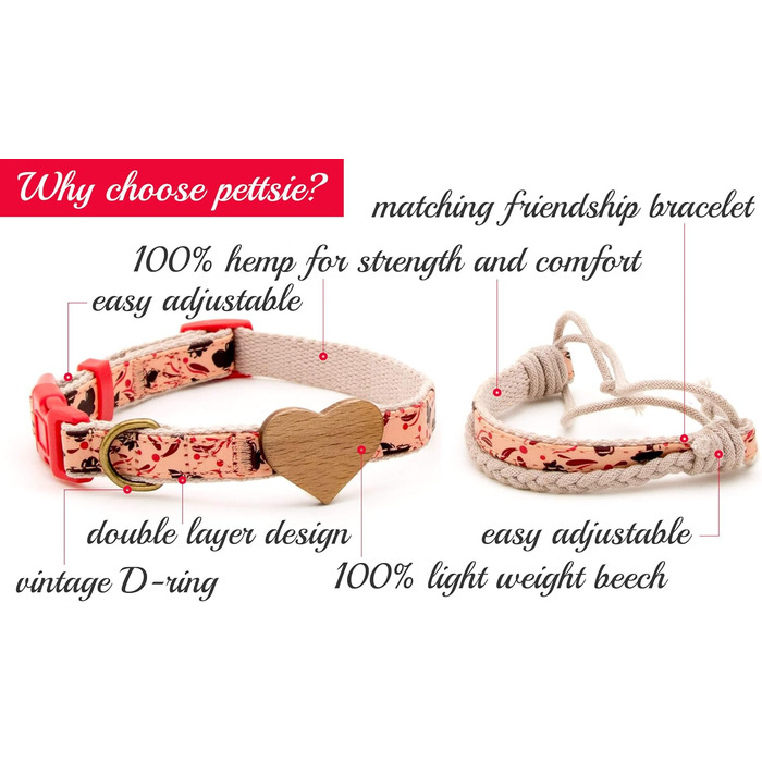 Нашийник для собак Pettsie з серцем та браслетом дружби, регульовані розміри S та M, комфортний дизайнерський льон, міцний та довговічний, чудовий подарунок для любителів собак (35,6 - 50,8 см (M), Червоний)