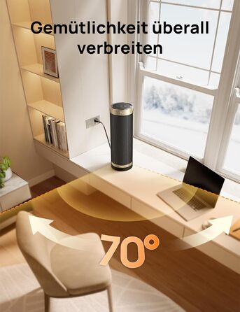 Електричний обігрівач Dreo 2000W з термостатом та Wi-Fi, 16 дюймів, 3 режими, 3 швидкості, 12h таймер, для спальні, золотий