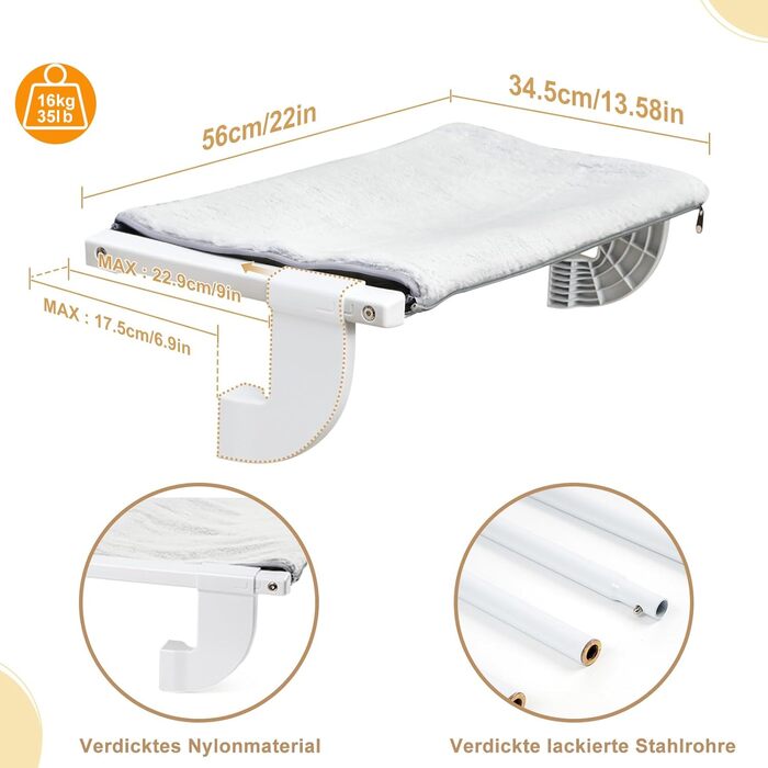 Katzenliegen Bakon Window Hammock for Heater Radiator 67.5 * 34.5cm Window Hammock for Cats Cat Window Lounger Window Seats Cat Bed Window Sill Window Lounger (gray, S)