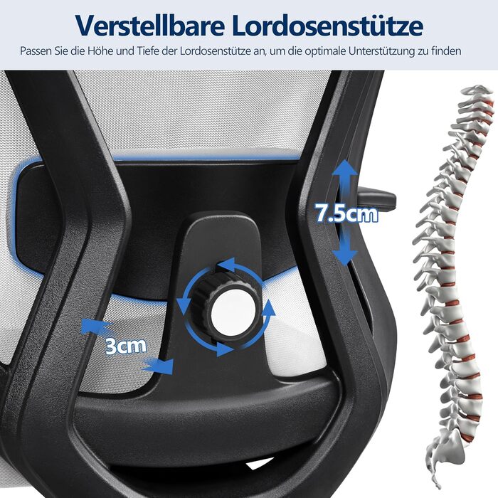 Офісне крісло Yaheetech з регульованою підголівником та підтримкою попереку, дихаюча сітчаста спинка, широке сидіння, S-подібна спинка, поворот на 360°, сірий колір