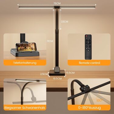 APMIEK LED Настільна лампа для офісу та дому, 24W, 76 см, з регульованим кутом нахилу, 3200K-6500K, захист для очей, чорна з підставкою