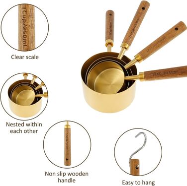 8-Piece Gold-Colored Measuring Cup and Spoon Set with Wooden Handle, Portable, Reusable, Stainless Steel Measuring Spoon Set with 8 Curved Hooks for Kitchen, Home, Baking
