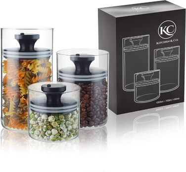 Набір контейнерів для кави Kitchen&CO. (3 шт.) з вакуумним кришками, скляні, BPA-free, з боросилікатного скла