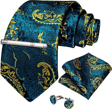 Краватка чоловіча Paisley з шовку, нагрудна хустинка, краваттянка, затискач для краватки - DiBanGu, для весілля та балу (Павіо-блакитний)