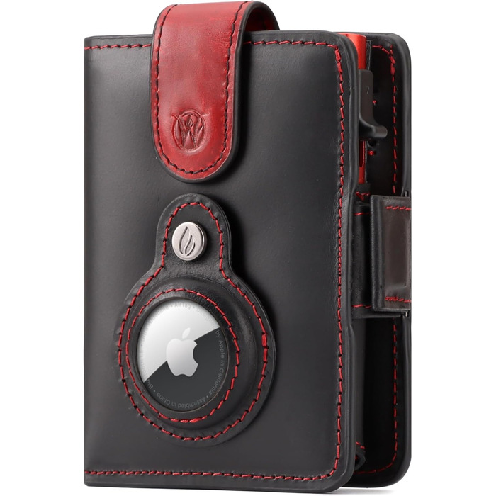Will Fire® AirTag Wallet with Photo Pouch | Includes AirTag Attachment | Genuine Leather Wallet with Coin & Bill Compartments | Extra Secured RFID Card Holder | Space for up to (12) Cards | [Black-Red, Smooth Leather]