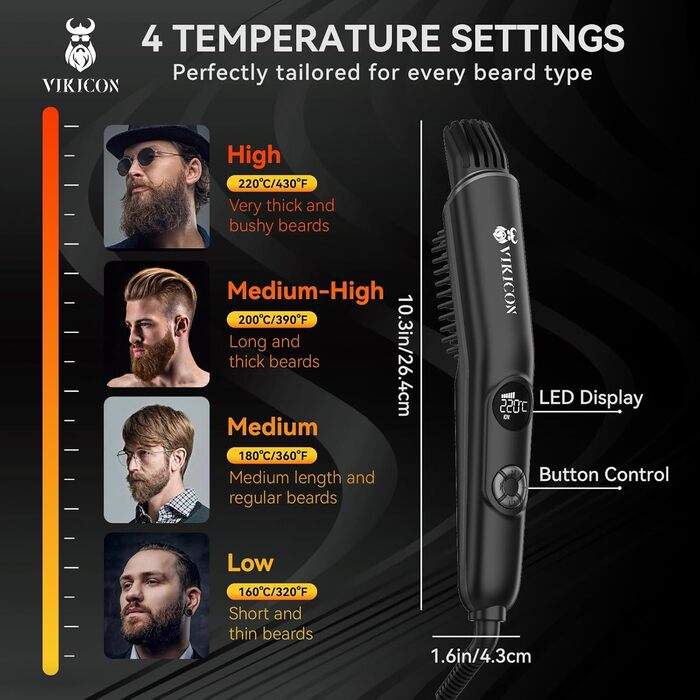 VIKICON 3-in-1 Beard Straightener Brush for Men - Professional Hair Comb & Volumizer with 4 Heat Settings (120-220°C) Iion Beard & Hair Straightening Brush for Home & Travel