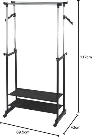 WENKO Clothes Rack Folding, Clothes Storage with Adjustable Clothes Rail and Wheels, Plastic/Metal, 88 x 100-168 x 11-49 cm, Chrome/Grey (169 x 43 x 89.5 cm)