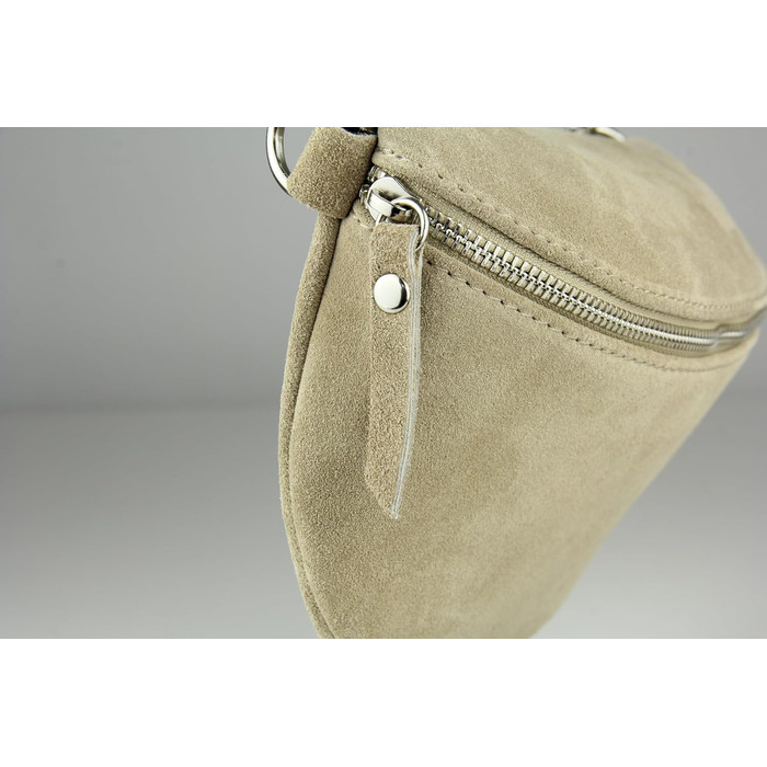 Сумка поясна жіноча Frentree® зі шкіри, Італія, крос-боді, на плече, срібний блискавка, велика (MAXI), бежево-срібляста, замша