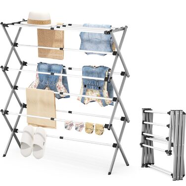 Складаний сушильник для білизни з 11 перекладинами, 3-ярусний, сірий та білий