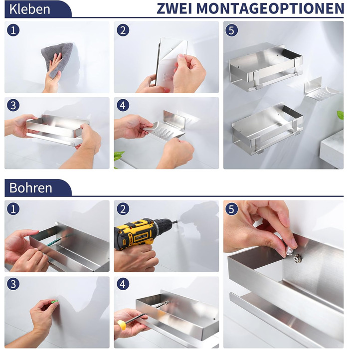 Поличка для душу YIGII без свердління, 3 шт. з нержавіючої сталі, органайзер для ванної кімнати, велика місткість, самоклеюча, з мильницею та 4 гачками, тримач для шампуню, сріблястий – 2 шт.