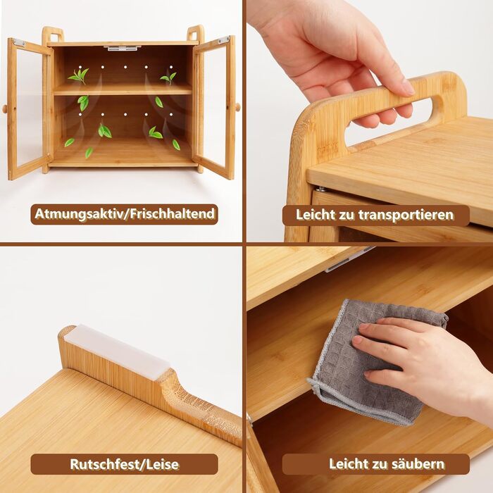 AMBIRD Бак для хліба з бамбука 20л - велика місткість з прозорими акриловими дверцятами, подвійне зберігання з вентиляцією та бічними ручками - зберігає хліб свіжим та організовує кухонний простір, CBBNA002EUAM13