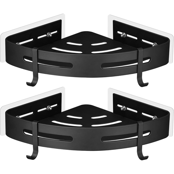 GRICOL Shower Caddy Corner Shelf Shower Shelf No Drilling Metal with 4 Hooks Shower Storage Bathroom Shelf with Sticker Bathroom Shelf for Bathroom and Kitchen 2 Tiers Black