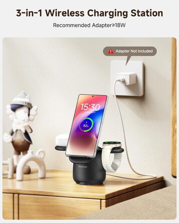 Бездротова зарядка SwanScout 3-в-1 для Samsung S25 Ultra, S24, S23, Z Flip 7, Z Fold 7, Galaxy Watch 8/Ultra/7/6/5/Buds, білий (чорний)