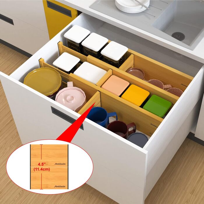 ANTOWIN Adjustable Drawer Dividers Bamboo (43-56 cm), Drawer organizer, spring-loaded, Kitchen, dresser, bathroom, bedroom, baby drawer, desk organization system