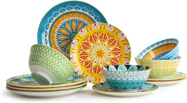 Набір посуду на 4 особи: 12-ти частинний сервіз з порцеляни, керамічний набір посуду, кольоровий дизайн, повний сервіз