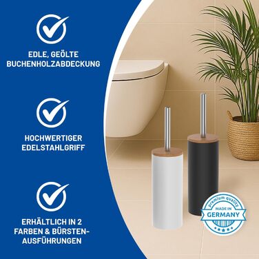 Набір для туалету Rival Life Style чорного кольору з круглою щіткою, ручка з нержавіючої сталі та кришка з масивного бука – ергономічна щітка для туалету для швидкого та ретельного прибирання