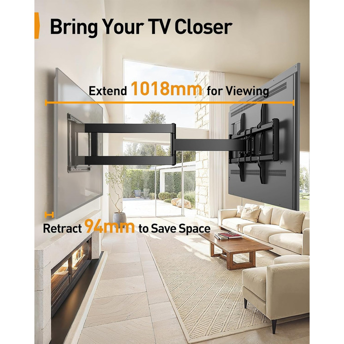 Кріплення для телевізора Perlegear: 42-90 дюймів, до 68 кг, подовжений кронштейн, повний рух, VESA 800x400 мм