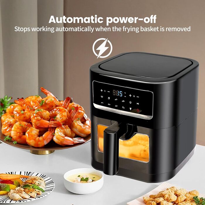 Фритюрниця повітряна 7L з вікном та сенсорним екраном – Airfryer з 10 програмами, функцією підігріву, підсвічуванням | Безжирне приготування | Без BPA та PFAS