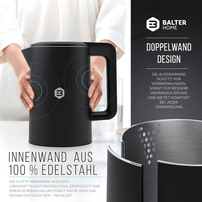 Balter Stainless Steel Electric Kettle with Temperature Control - 40°C to 100°C, Double Wall, BPA Free, 1.7L, 2200W, Quiet, Black
