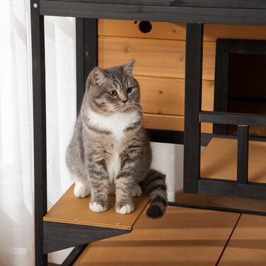 PawHut Будиночок для котів з соснового дерева, котяча хатка на 4 поверхи з драбиною, зимостійке асфальтоване дах, жовтий, 75,5x75x137 см, ідеально підходить для вулиці та тераси