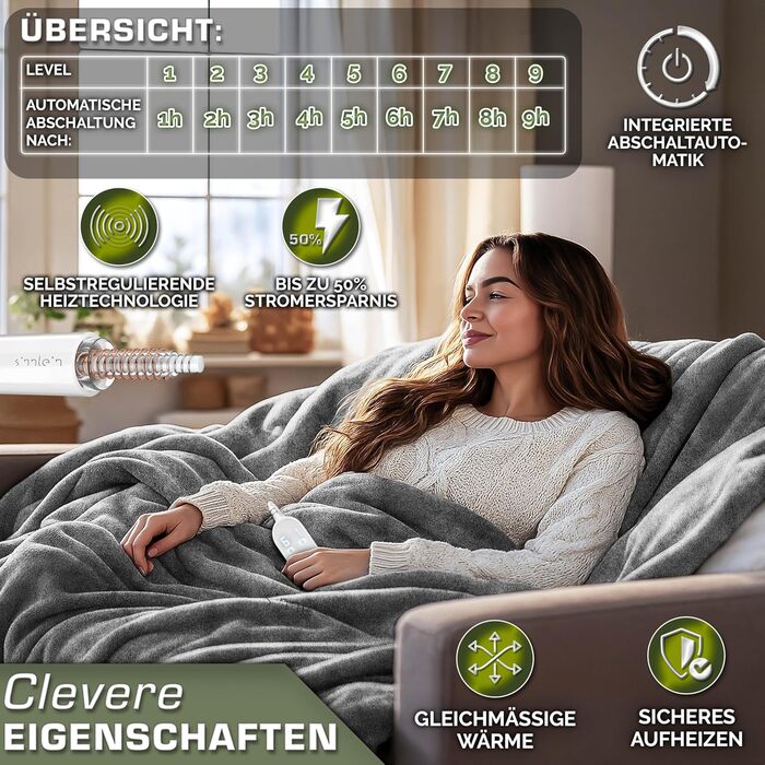 Електрична гріюча ковдра Sinnlein® з плюшу 200 x 180 см | 9 температурних режимів, таймер, автовимкнення, миється до 40°C, світло-сіра | Ковдра для сну та відпочинку