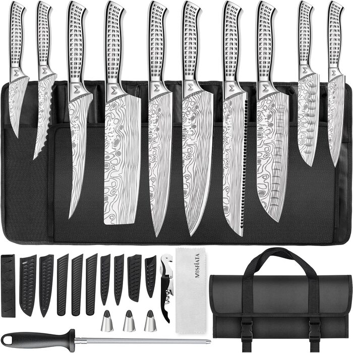 MOSFiATA 17-Piece Professional Knife Set with Titanium Coating - Stainless Steel Kitchen Knives, Chef's Knife Set with Finger Guards & Gift Box (Outdoor)