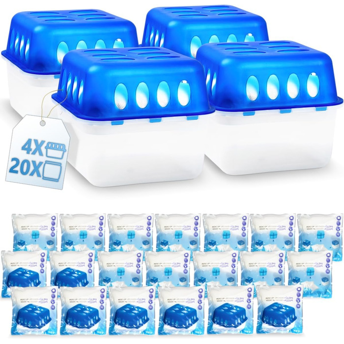 XXL Set: 4 x Dehumidifier Boxes with 20 Refill Packs, Room Dehumidifier, Moisture Stopper with Granule Bags (4 x Box + 20 x Refill Pack 400g)