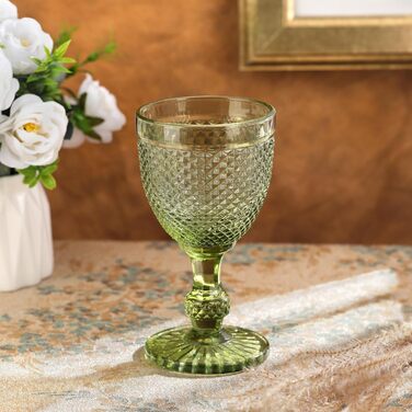 Joeyan 270ml Green Vintage Wine Glasses with Diamond Relief, Colorful Goblet Glasses Wine Goblet Set for Wine Juice Drinks, Set of 4 Retro Drinking Glasses with Stem, Dishwasher Safe