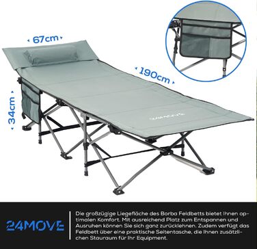 Кемпінгове ліжко 24MOVE® для відпочинку на природі: розкладне, сіре, 190x67x34 см, до 150 кг, з сумкою