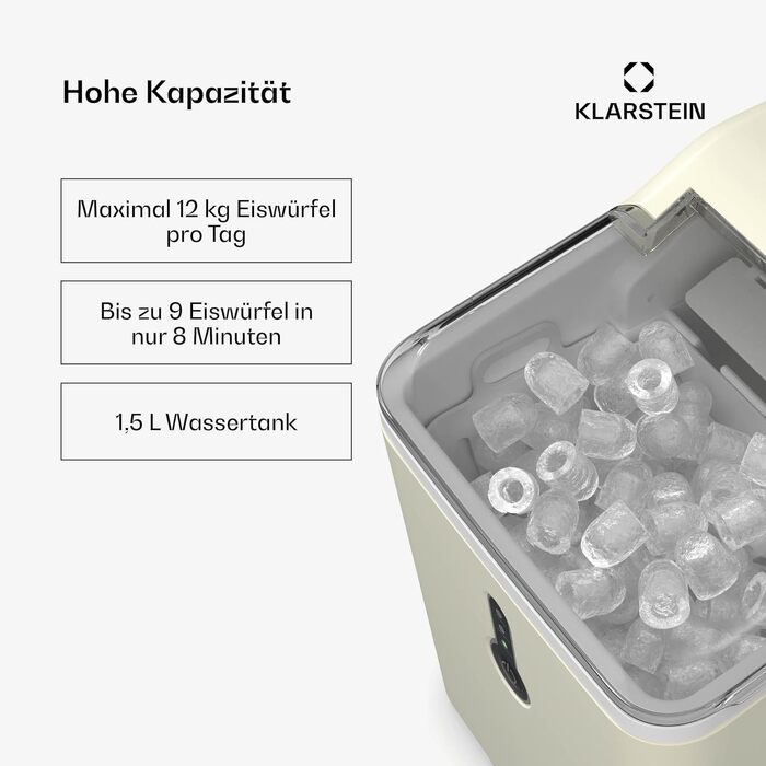 Машина для приготування льоду Klarstein Eiswürfelmaschine - 12 кг/24 год, 8 хв цикл, резервуар 1,5 л, LED-дисплеї, портативна Chill Out, прозорий кришка, лопатка в комплекті, для вечірок, кремовий колір
