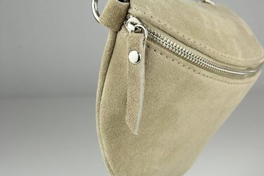 Сумка поясна жіноча Frentree® зі шкіри, Італія, крос-боді, на плече, срібний блискавка, велика (MAXI), бежево-срібляста, замша