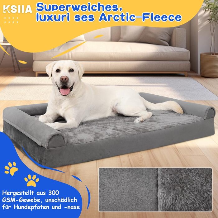 KSIIA Orthopedic Dog Bed for Large Dogs, 105x70x18cm, Removable and Washable Cover, XL Dog Couch with THREE Raised Edges, Non-Slip Bottom, Egg Crate Foam Dog Basket, (L 91 x W 68 x H 16 cm, Light Grey)