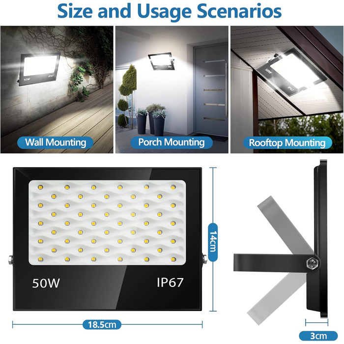 200W LED Flood Light Outdoor, 20000LM LED Spotlight, 7000K Cool White Spotlight, IP67 Waterproof Floodlight, for Backyard, Courtyards, Garage, Hallway, Garden (50W-1PC)