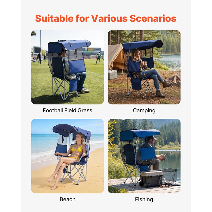Складний стілець VEVOR для кемпінгу, риболовлі та пікніків, 150 кг, з парасолькою, підсклянниками та кишенею для журналів, темно-синій