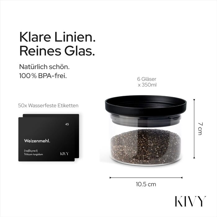 Банки для круп KIVY зі скляною кришкою 6 шт x 340 мл, герметичні, штабельовані, для зберігання продуктів