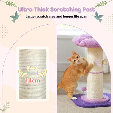 Flower Cat Tree - Small Cat Tree for Indoor Cats with Super Thick Scratching Post [Dia=14cm], Detachable Flower Cat Bed, Feather Ball - (Purple)