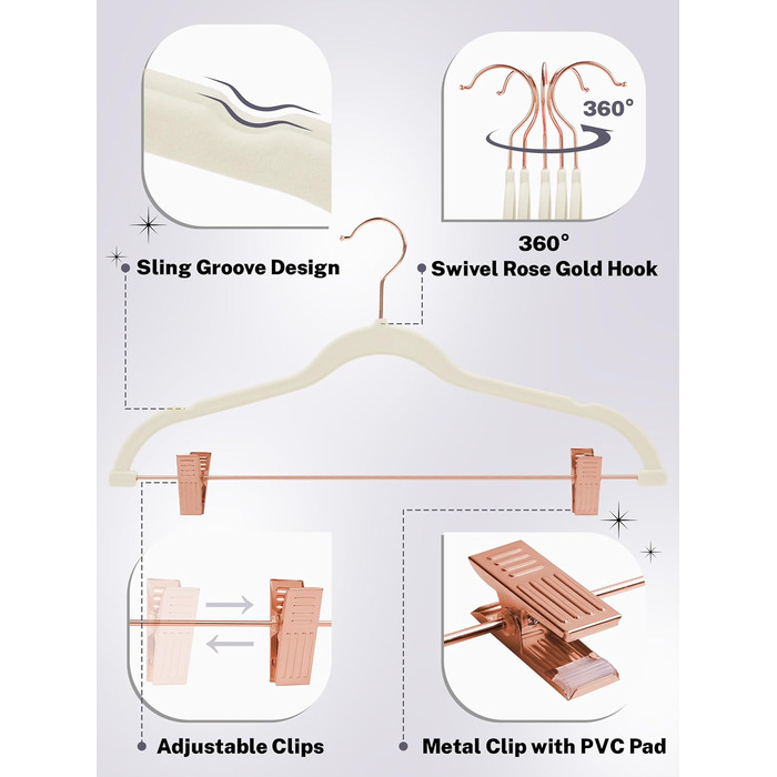Набір вешалок для одягу HOUSE DAY, 20 шт, з кліпсами, ультратонкі, антиковзні, для штанів, економія місця (слонова кістка)