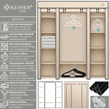 KESSER® Wardrobe Clothes Rack Stable with Clothes Rail & Shelves, Incl. 5x Clothes Hangers, Fabric Folding Wardrobe for Bedroom, Dressing Room Clothes Rack 150x45x175cm (Beige)