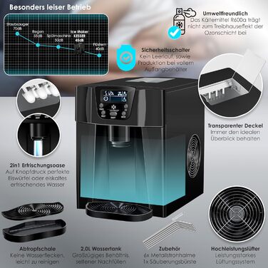 Машина для приготування льоду KESSER® з нержавіючої сталі, 100W, 12 кг/24 год, 2 розміри кубиків, 6 хв приготування, 2 л резервуар, таймер, LCD-дисплей, чорний