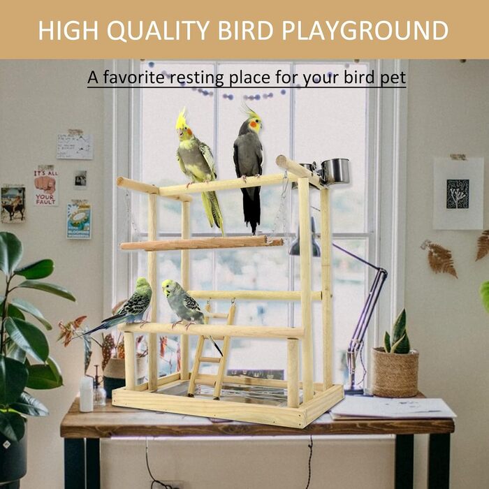 Bird Playground, budgie toys, bird play stand, bird gym, bird accessories, climbing frame with feeder cups, tray, swing for parakeets, canaries, finches, etc. (#8)