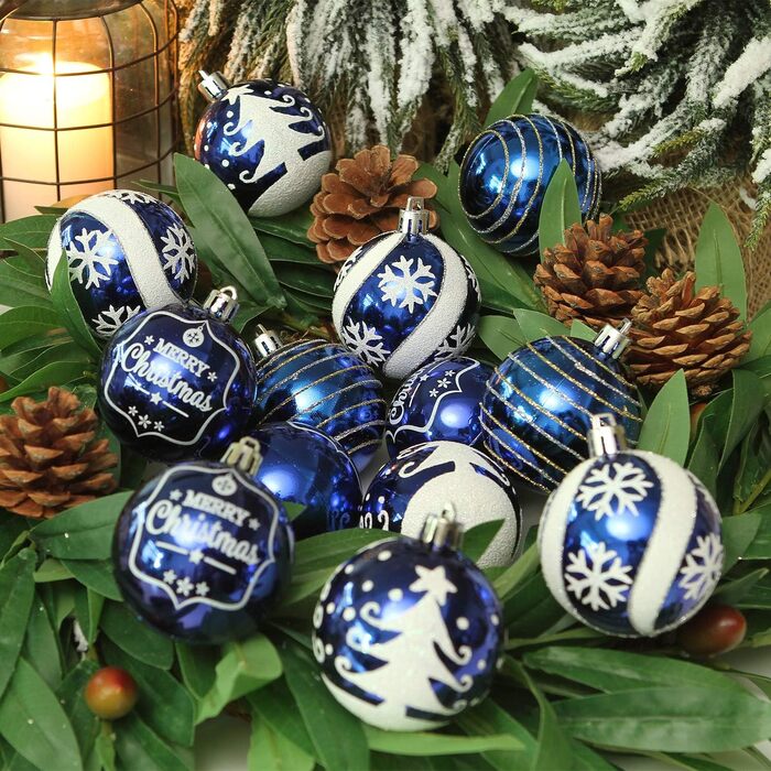 Декоративна куля для ялинки Sea Team з малюнком та блискучим прикрасою у вигляді ялинки, блакитна, 60 мм (6 шт.)