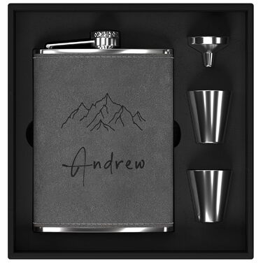 Набір фляга з гравіюванням гір, фляга з нержавіючої сталі 237мл/8oz, персоналізований подарунок на день народження для чоловіків, кемперів, туристів (сірий)