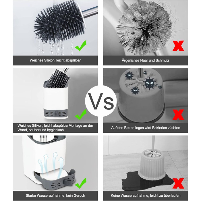 Силіконова щітка для унітазу Glowbal з контейнером, швидковисихаюча, для ванної кімнати, монтаж на стіну та стоячи, білий/сірий колір