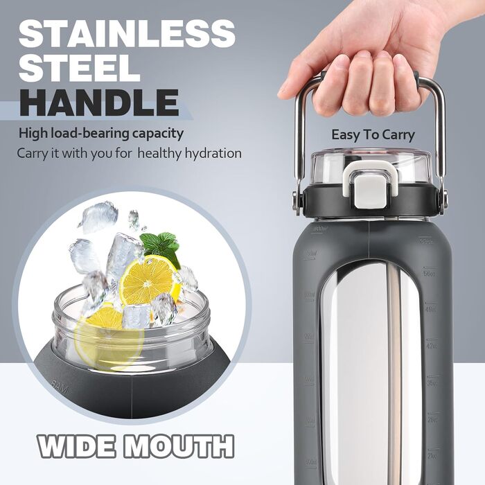 1900ml Glass Drinking Bottle with Straw and Stainless Steel Handle, Glass Water Bottle with Silicone Sleeve and Time Marker, Monitoring Your Daily Drinking Bottle 2 Liter, Light Green (Gray)