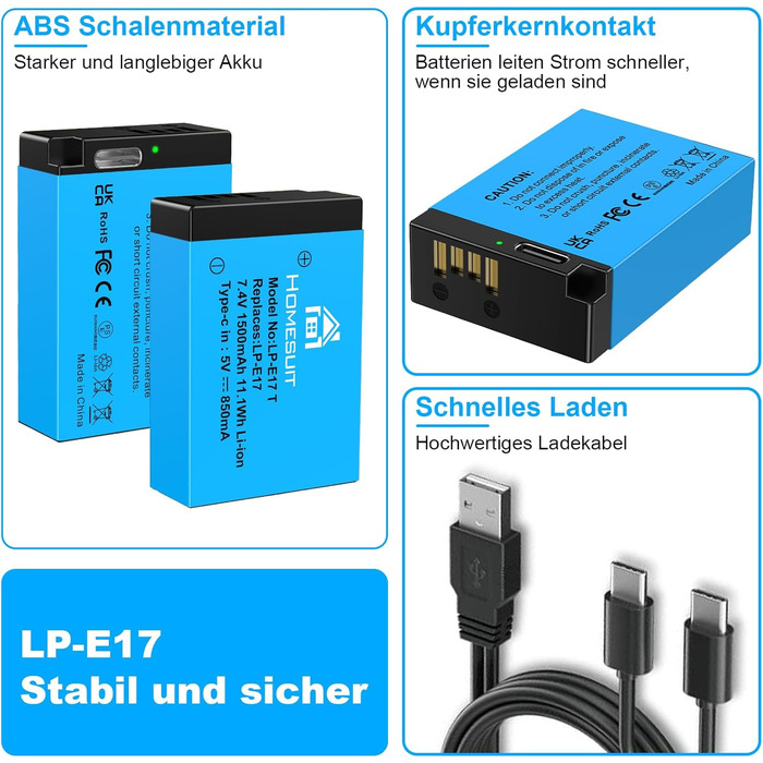 Акумулятор LP-E17 1300mAh Homesuit та LED-зарядний пристрій Dual USB для Canon Rebel SL3, SL2, T8i, T7i, T6i, T6s, EOS R10, R50, R8, RP, M3, M5, M6, 200D, 77D, 750D, 760D, 800D, 8000D (2 шт.)